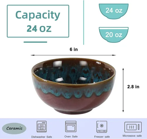 Vista 5 de Juego de 4 cuencos de cereales, cuencos de sopa, de cerámica de 6 pulgadas para cocina, juego de cuencos de estilo japonés para postre, fideos