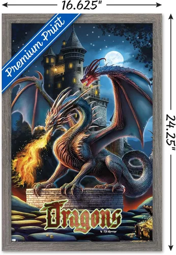 Vista 3 de Trends International PD Moreno - Póster de pared de castillo de dragón, 22.4 pulgadas de largo x 14.7 pulgadas, versión enmarcada en madera