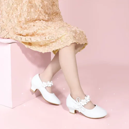 Vista 4 de PANDANINJIA Zapatos de vestir para niñas, zapatos de tacón Mary Jane con flores, fiesta de boda, regreso a la escuela, zapatos de tacón para niños