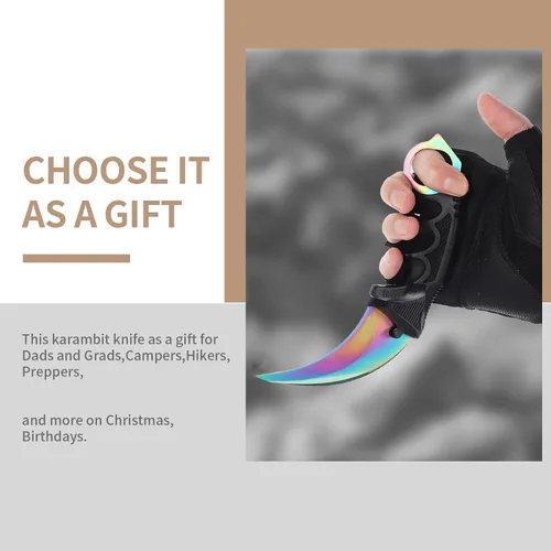 Vista 6 de Karambit - Cuchillo táctico de hoja fija, 2 piezas de acero inoxidable para exteriores, cuchillo de caza con funda y cable, adecuado