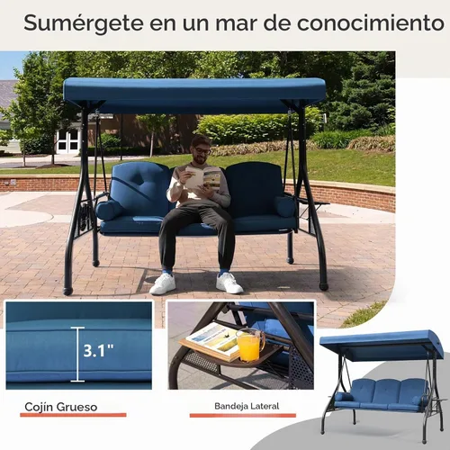 Vista 5 de Columpio NOBLEMOOD para porche de 3 asientos con toldo ajustable y bandejas laterales Azul