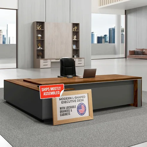 Vista 8 de OfficeSimpli - Escritorio ejecutivo en forma de L con cajones, 64 x 63 x 30 pulgadas, fabricado en Estados Unidos, envío mayormente ensamblado