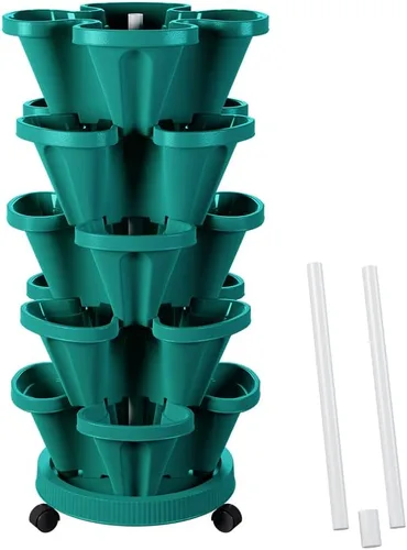 Vista 30 de Macetas verticales de fresa, paquete de 2 unidades, torre apilable de 5 niveles con poste de soporte, macetas apilables para hierbas y verduras