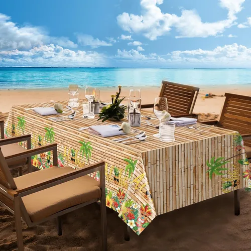 Vista 6 de Mantel hawaiano Luau de 3 piezas, mantel para fiesta de Tiki tropical, mantel rectangular desechable de plástico para Tiki Bar Tropical, verano
