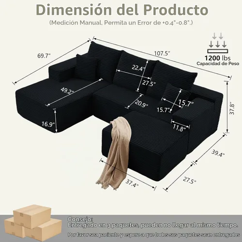 Vista 2 de Lakifun Sofá en Forma de L de 107" con Otomana, Seccional Modular Moderno Sofá Cómodo en Forma de U Nube, Asiento Profundo, Chaise Longue Cama