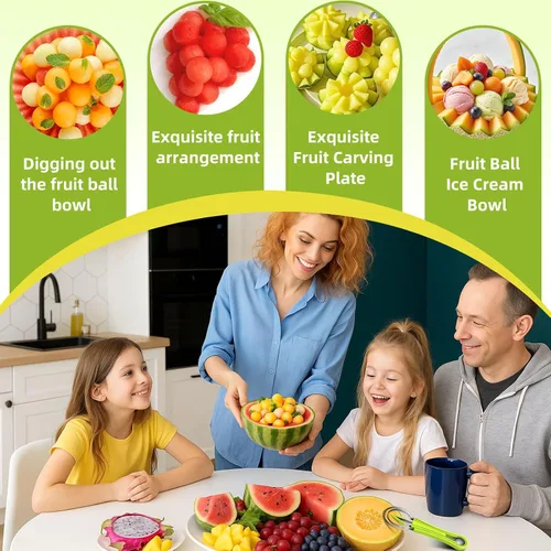 Vista 9 de Juego de palas de melón Suuker, 4 en 1 cortadores de frutas con formas, cuchara de sandía, cuchara de frutas y pelador de bolas, herramientas