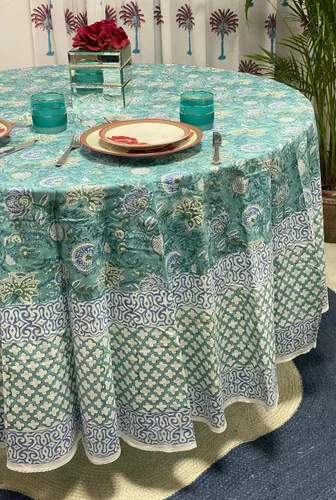 Vista 196 de Ridhi Mantel redondo estampado a mano color rosa flamenco 110 pulgadas 100%