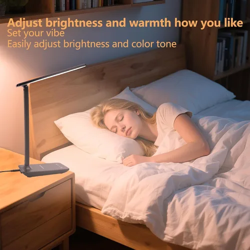 Vista 6 de Lámpara de escritorio LED regulable con puerto de carga USB, 5 modos de iluminación, control sensible, lámparas de escritorio plegables portátiles