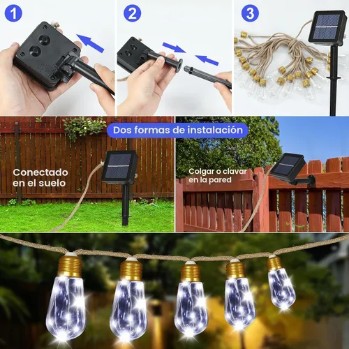 Vista 4 de Guirnalda de luces solares para exteriores, luces solares de patio de 24 pies, tira de luces para exteriores, impermeable, 8 modos de luces de Blanco