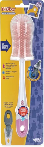 Vista 5 de Nuby Botella de cerdas de silicona suave antiarañazos y cepillo para pezones con mango en bucle, aguamarina