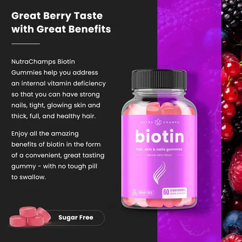 Vista 5 de NutraChamps Gomitas de biotina sin azúcar de 10000 mcg [alta potencia] – Cabello saludable, piel y uñas para mujeres, hombres y niños – 5000 mcg