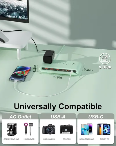 Vista 5 de Regleta de alimentación con USB C de 35 W, cargador de pared de enchufe plano 10 en 1, cable de extensión de 5 pies con 4 CA, 3 USB A y 3 USB C