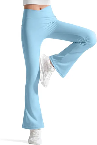 Vista 5 de BOOPH Leggings acampanados para niñas con bolsillos cruzados de cintura alta, pantalones de yoga acampanados pantalones deportivos