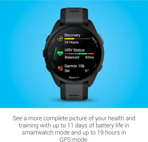 Vista 4 de Garmin Forerunner 165 Smart Sport Watch, Black + Slate Gray 010-02863-20 Bundle with Deco Essentials 3X Nylon Elastic Bands, 3X Silicone Dust Cover