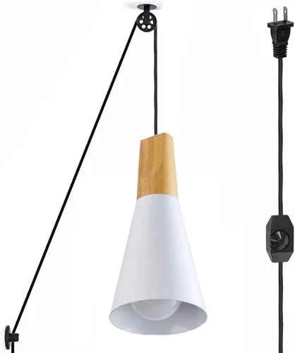 Vista 8 de Kiven Lámpara colgante de polea enchufable, luz colgante ajustable con cable de interruptor de atenuación de 15 pies, pantalla de aluminio macarón