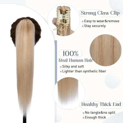 Vista 88 de Rich Choices Extensión de cola de caballo con clip de garra, cabello humano real, una pieza, extensiones de cabello largo Remy para mujer, #18P613