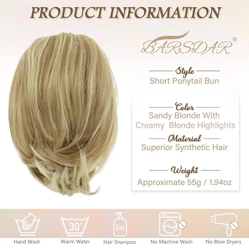 Vista 5 de BARSDAR 2 piezas de cabello de moño desordenado + extensión de moño de cabello lacio, rubio con reflejos