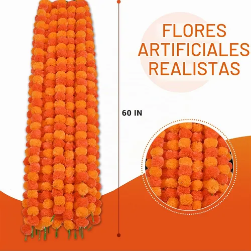 Vista 4 de DIYANA IMPEX Guirnalda de caléndula para decoración, 5 piezas de 5 pies de largo, flores de caléndula artificiales, decoración india para Pooja