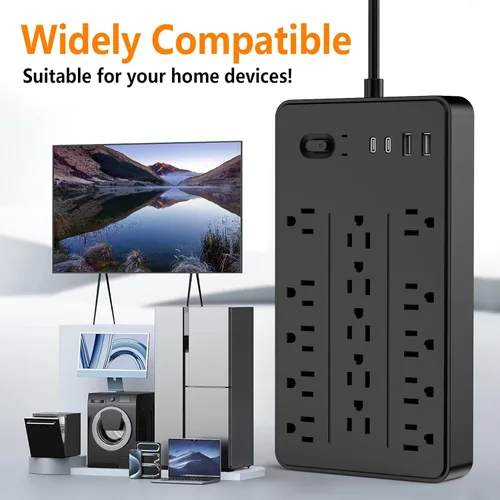 Vista 4 de Regleta de protección contra sobretensiones con 15 tomas, 4 puertos USB para 20 W, cable de extensión de enchufe plano de 6.5 pies con múltiples