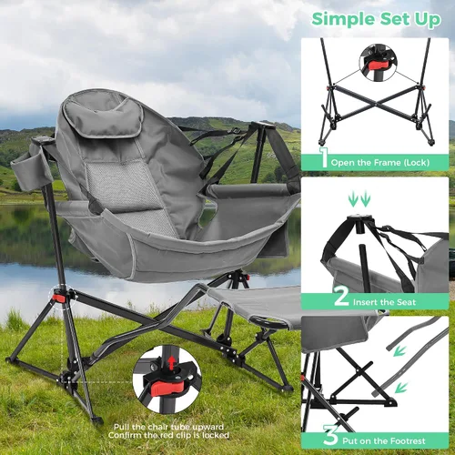 Vista 7 de Hamaca de camping con reposapiés, resistente y plegable, portátil, mecedora, para exteriores, campamento, con soporte para tazas, almohada