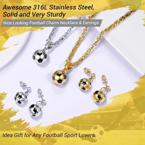 Vista 7 de PROSTEEL Soccer Ball Football Charm Pendant Necklace Drop Earrings Set Gift Stainless Steel 18K Plated Sport Girl Women 3D Jewelry Set