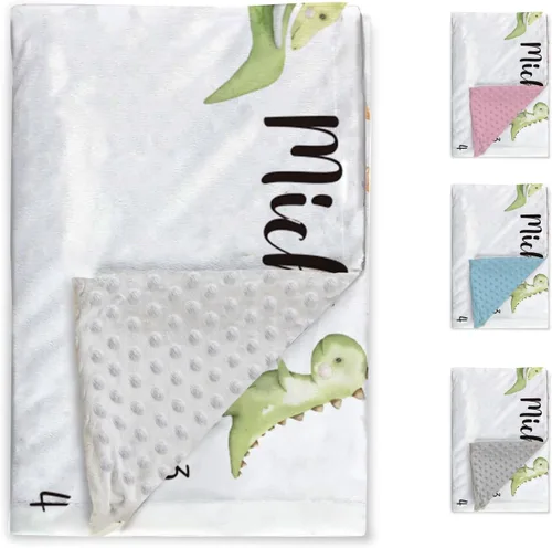 Vista 2 de Manta de hito mensual personalizada para bebé, nombre personalizado con diseño de dinosaurio, fondo de fotografía, manta de felpa suave con respaldo