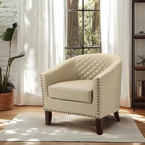 Vista 8 de Pia Ricco Silla de Acento Tipo Barril de Cuero Sintético, Silla de Club Moderna con Brazos, Cómoda Silla Individual Tapizada con Patas de Madera