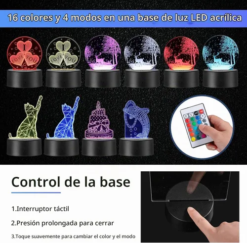 Vista 4 de 12 piezas de láminas acrílicas transparentes y 12 piezas de base de lámpara LED nocturna 3D con control remoto y cable USB, juego de base de lámpara