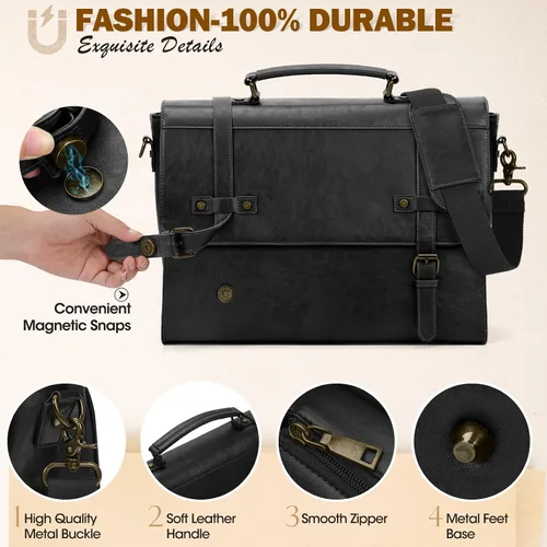 Vista 5 de RAINSMORE Bolsa de mensajero para hombre de 17 pulgadas, impermeable, de piel vintage, maletín para laptop, bolsa grande para laptop, cartera, bolsa