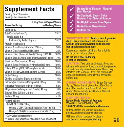Vista 8 de Nature Made Gomitas prenatales con DHA y ácido fólico, suplemento vitamínico y mineral prenatal para apoyo nutricional diario, 60 gomitas