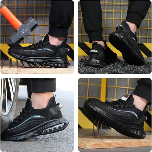 Vista 8 de GLANOUDUN Zapatos de punta de acero para hombre, zapatos de trabajo negros, zapatos de seguridad ligeros para hombres, zapatos de seguridad