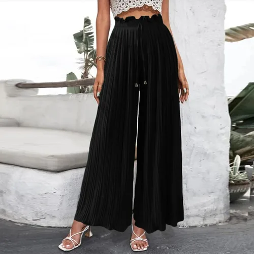 Vista 3 de YOLAI Pantalones palazzo de pierna ancha para mujer, pantalones casuales de cintura alta, plisados, holgados, con cordón