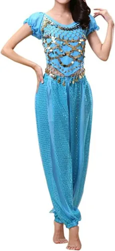 Vista 2 de WinChang Disfraz de baile de vientre de Bollywood para mujer disfraz de Halloween de la India monedas árabes disfraz de cosplay