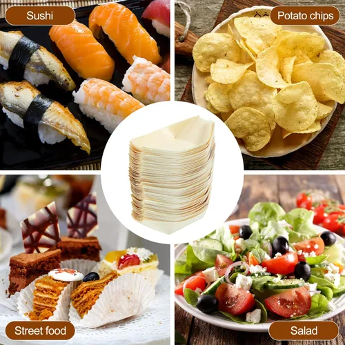 Vista 7 de Hemoton 100 botes desechables de bambú para sushi, bandeja de madera biodegradable, 5.5 x 3.14 x 1.57 pulgadas, 100 piezas, para sushi, aperitivo