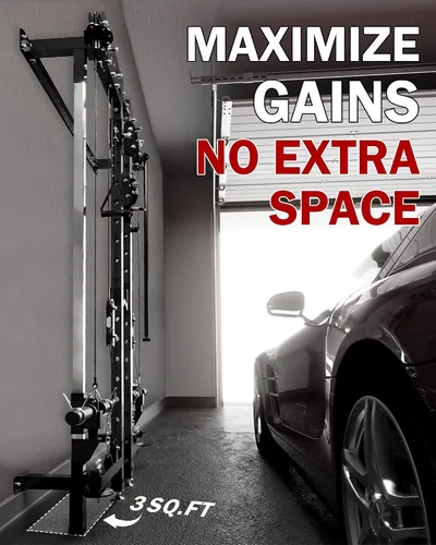 Vista 3 de Mikolo Folding Squat Rack, Wall Mounted Power Rack with Cable Crossover Machine & LAT Pull Down, Functional Trainer with 5 Adjustable Function