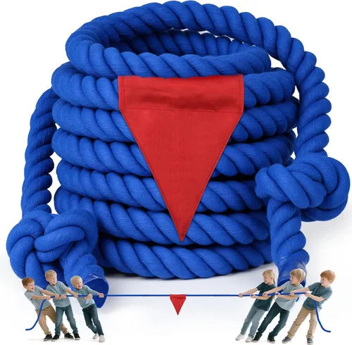 Vista 7 de Cuerda de guerra de tira y afloja para niños y adultos, cuerda de guerra con etiqueta de 25 pies con bandera para exteriores, carnaval exterior, Azul