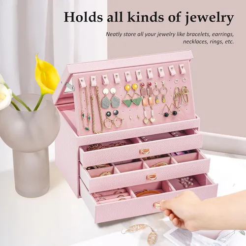 Vista 6 de ProCase Joyero para mujeres y niñas, caja organizadora de joyas grande de 4 capas con tapa de cristal, regalo de San Valentín, organizador de joyas