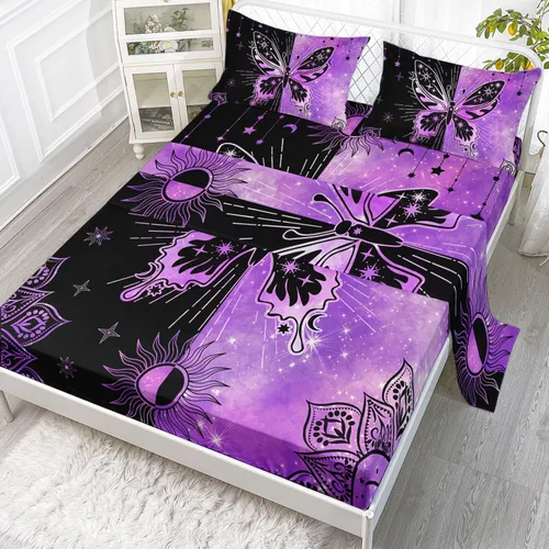 Vista 22 de Juego de sábanas de 4 piezas ajustadas y planas para niñas, estampado de mariposas y flores rosas con 1 + 2 fundas de almohada para cama individual