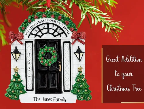 Vista 5 de Adorno de Navidad personalizado para el nuevo hogar 2026 Puerta negra con cinta de purpurina recuerdo único para el árbol de Navidad – Primer año