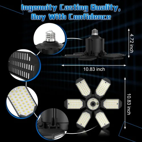 Vista 6 de Luz de Garaje – Bombilla de garaje súper brillante de 15000LM, equivalente a 150 W, rosca E26 con 6 paneles deformables, 6500K, luces LED de taller