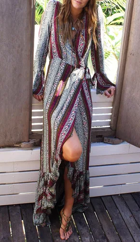 Vista 2 de R.Vivimos - Maxi vestido de manga larga para mujer, ideal para el verano.