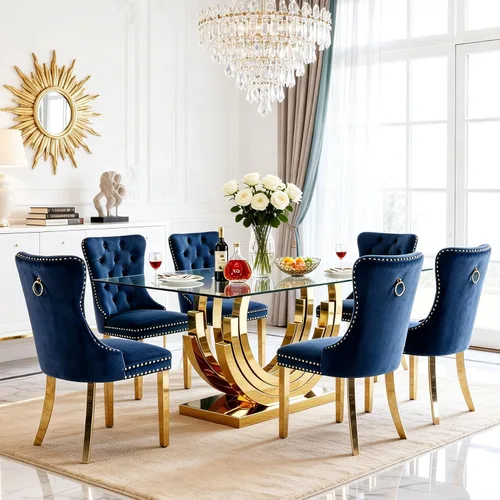 Vista 50 de SSLine Mesa de comedor de cristal dorado de 70 pulgadas para 4-6, base de Mesa de oro floral