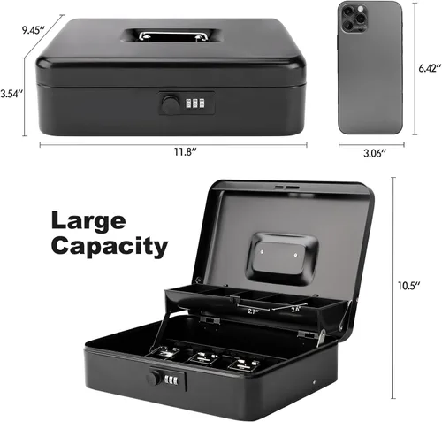 Vista 2 de Caja de efectivo con bandeja de dinero y cerradura, caja de dinero segura para efectivo, caja de bloqueo de metal con combinación, organizador
