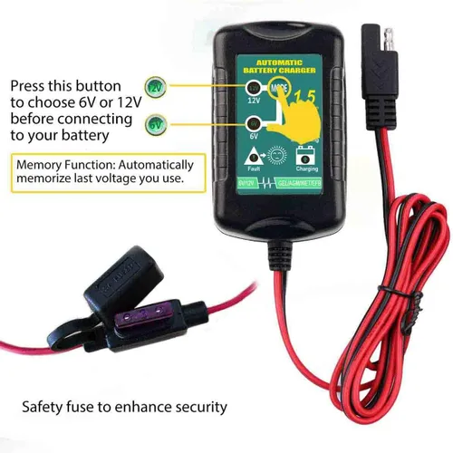 Vista 4 de Cargador de batería de coche inteligente de 1.5 A, cargador automotriz portátil de 6 V y 12 V, mantenedor de batería, cargador de goteo flotante