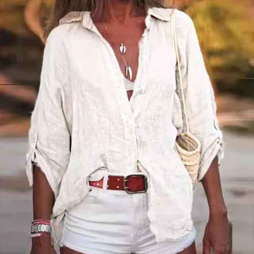 Vista 2 de Camisas de lino de algodón para mujer 2022, estilo casual, de manga corta, con cuello y botones, color liso, ajuste holgado