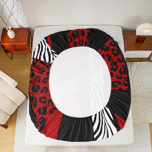 Vista 6 de Sábana bajera ajustable con estampado de leopardo, tamaño individual, juego de ropa de cama rústica con rayas de piel de cebra, decoración