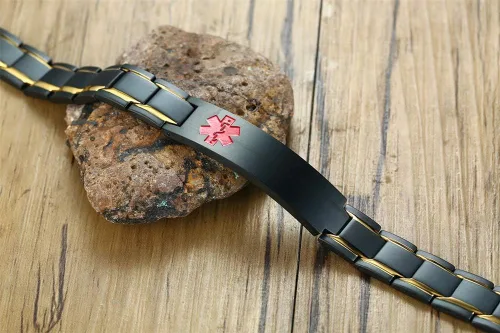 Vista 4 de XUANPAI Pulseras de alerta médica para hombres y mujeres con grabado gratuito ajustable de acero inoxidable para emergencias médicas