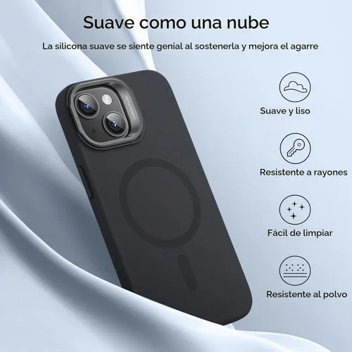 Vista 6 de ESR Funda para iPhone 15 Plus, funda de silicona MagSafe con soporte, protección de grado militar, soporte integrado para guardar cámara, funda