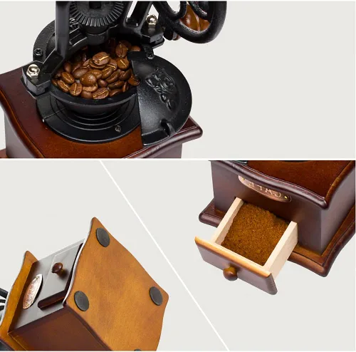 Vista 4 de Molinillo manual de grano de café de estilo vintage, manivela de mano de hierro fundido, núcleo de cerámica, molinillo ajustable, para hacer café