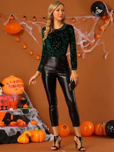 Vista 2 de Allegra K Blusa de terciopelo con cuello Peter Pan de manga larga para mujer